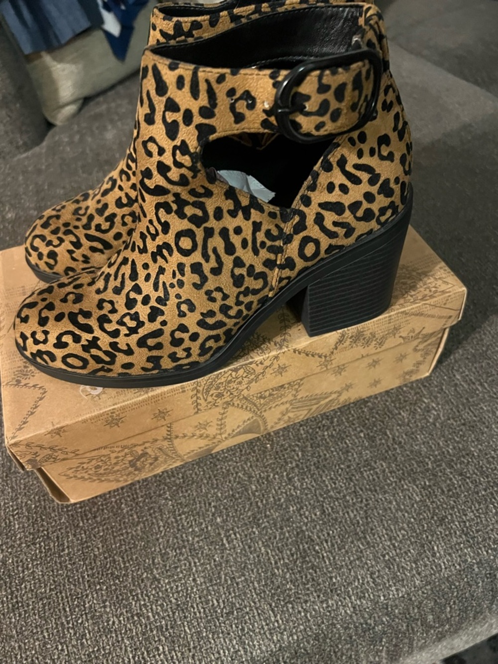 Leopard Print Cutout Ankle Booties with Buckle Strap - Tan/Black